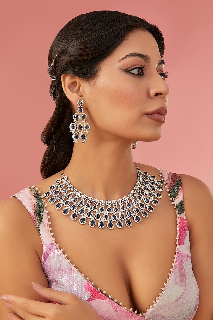 White Rhodium Finish American Diamond & Blue Zircon Necklace Set by Auraa Trends at Pernia's Pop Up Shop