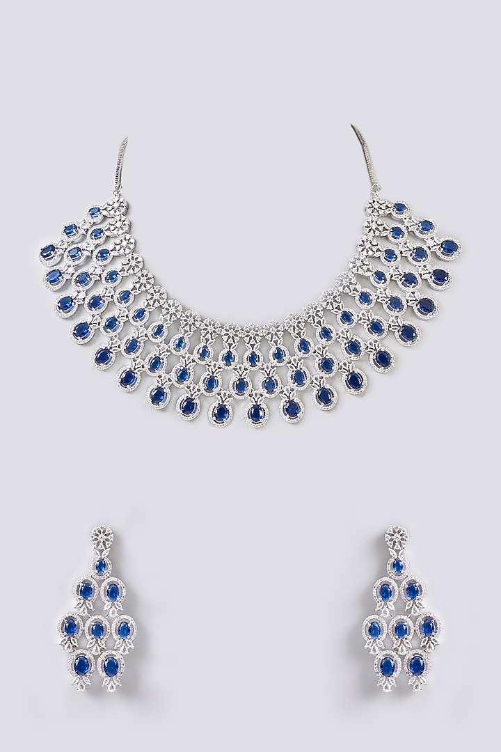 White Rhodium Finish American Diamond & Blue Zircon Necklace Set by Aura Trends at Pernia's Pop Up Shop