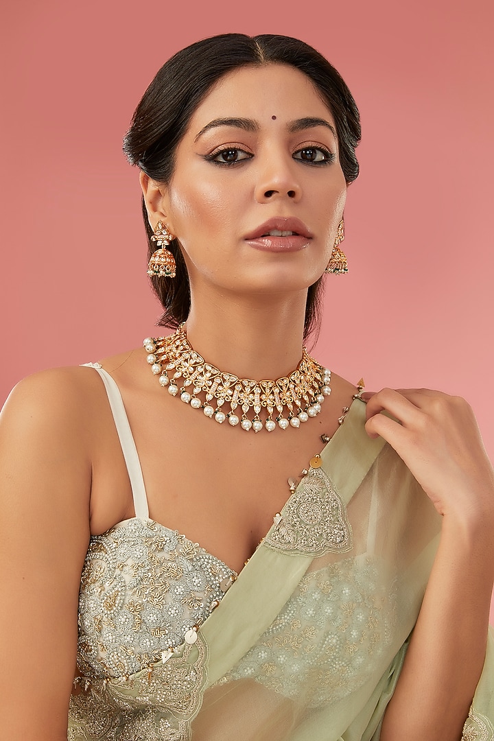 Gold Finish Kundan Polki & Green Beaded Necklace Set by Aura Trends at Pernia's Pop Up Shop