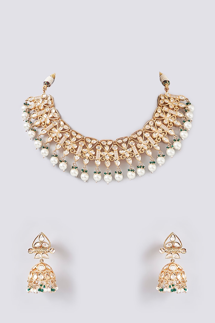 Gold Finish Kundan Polki & Green Beaded Necklace Set by Aura Trends at Pernia's Pop Up Shop