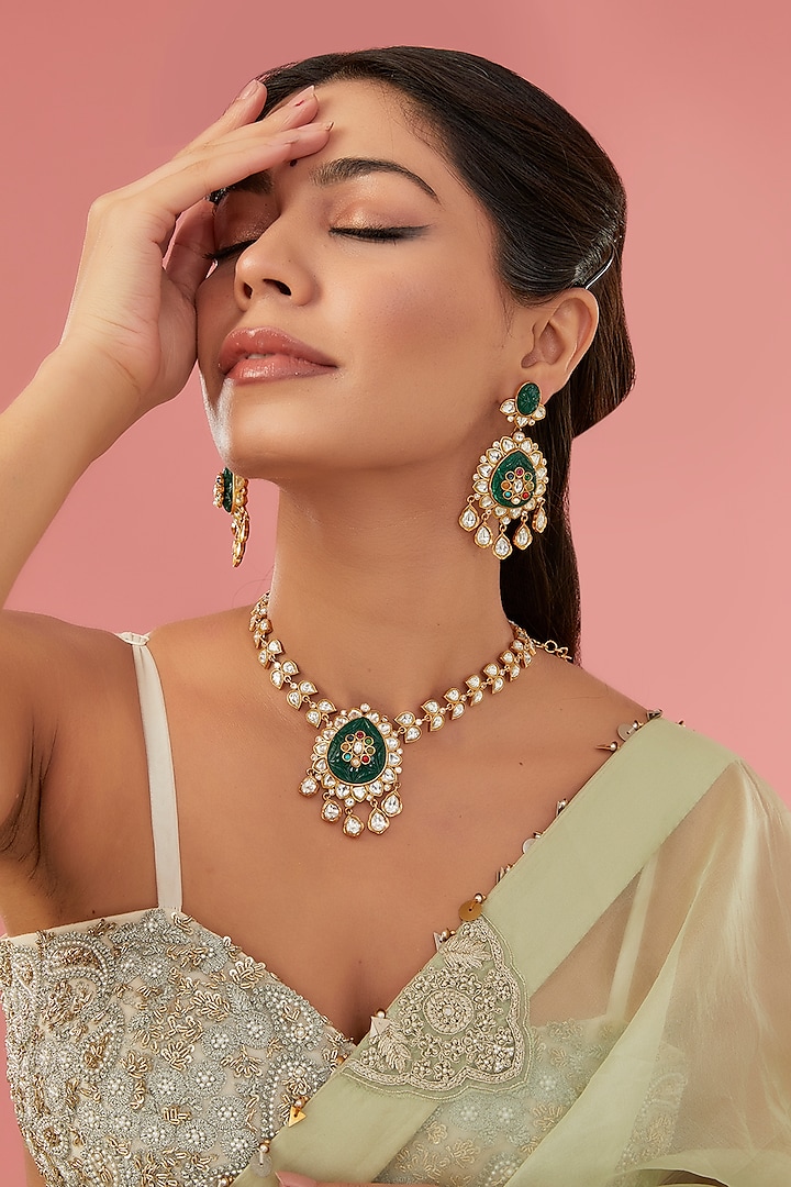 Gold Finish Green Kundan Polki Long Necklace Set by Auraa Trends at Pernia's Pop Up Shop