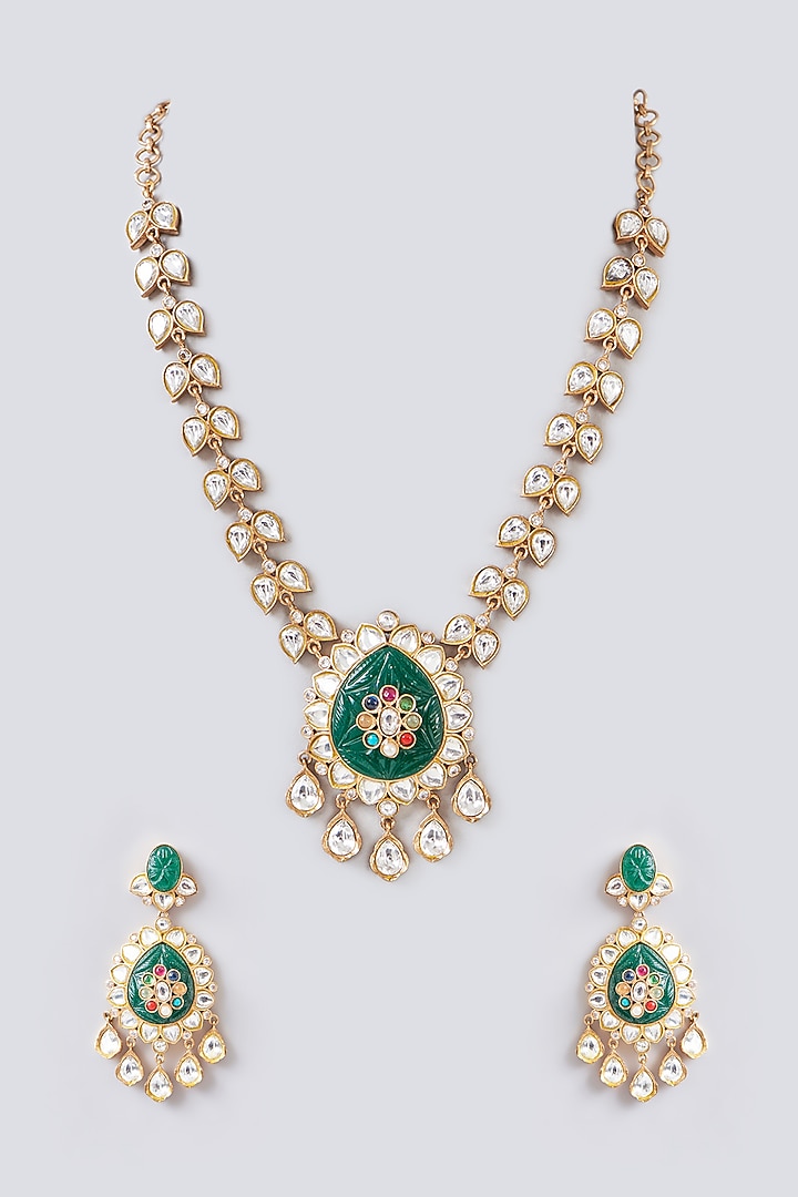 Gold Finish Green Kundan Polki Long Necklace Set by Aura Trends at Pernia's Pop Up Shop
