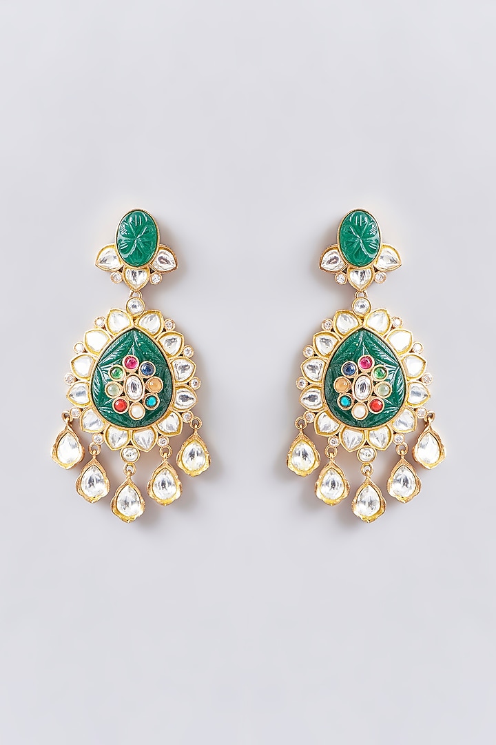 Gold Finish Green Kundan Polki Long Necklace Set by Aura Trends at Pernia's Pop Up Shop