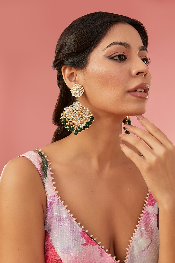 Gold Finish Kundan Polki Chandbali Earrings by Aura Trends at Pernia's Pop Up Shop