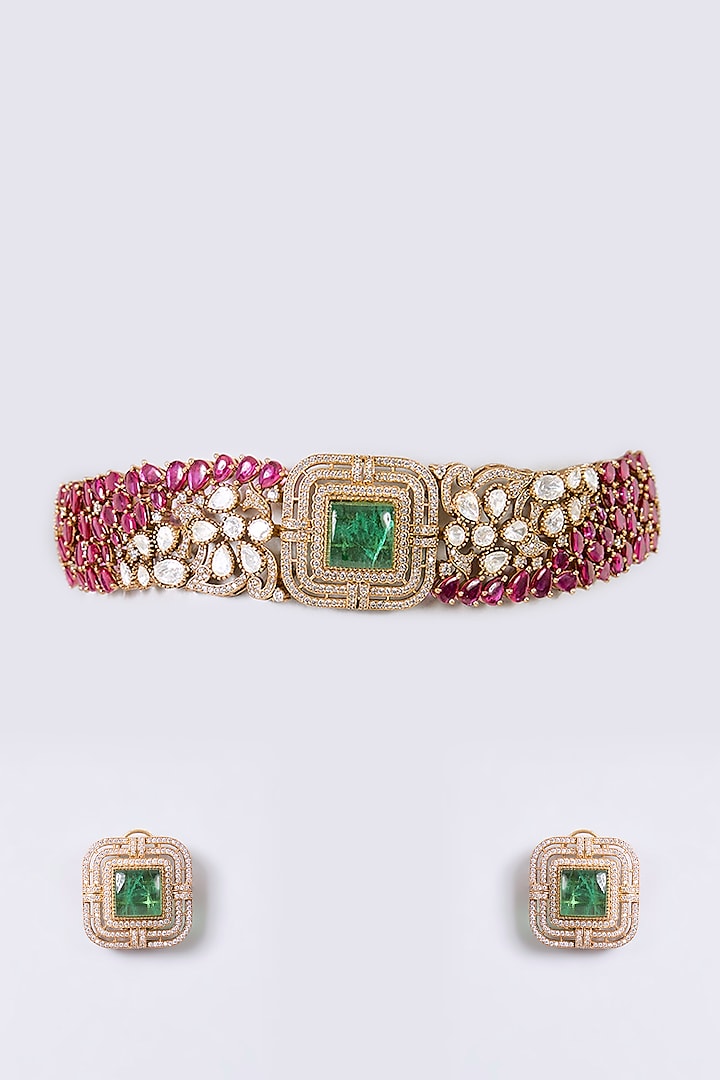 Gold Finish Zircon & Ruby Stone Necklace Set by Aura Trends at Pernia's Pop Up Shop