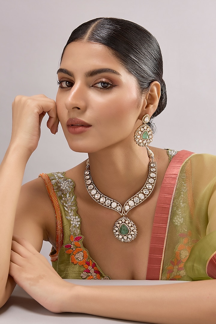 Gold Finish Kundan Polki & Green Onyx Necklace Set by Auraa Trends at Pernia's Pop Up Shop