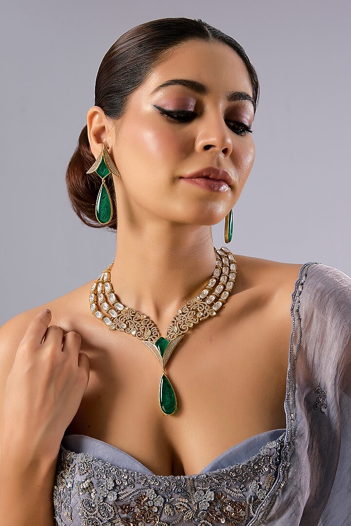 Gold Finish Kundan Polki & Green Onyx Necklace Set by Auraa Trends at Pernia's Pop Up Shop
