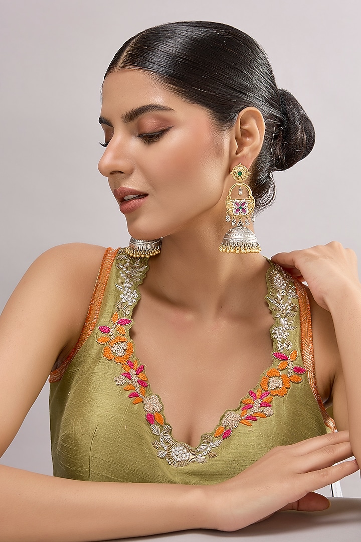 Two-Tone Finish Multi-Colored Stone Chandbali Earrings by Aura Trends at Pernia's Pop Up Shop