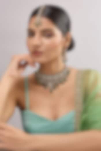 Black Rhodium Finish Emerald Stone Necklace Set by Auraa Trends at Pernia's Pop Up Shop