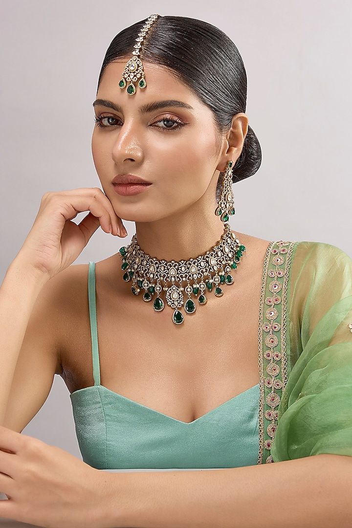 Black Rhodium Finish Emerald Stone Necklace Set by Auraa Trends at Pernia's Pop Up Shop