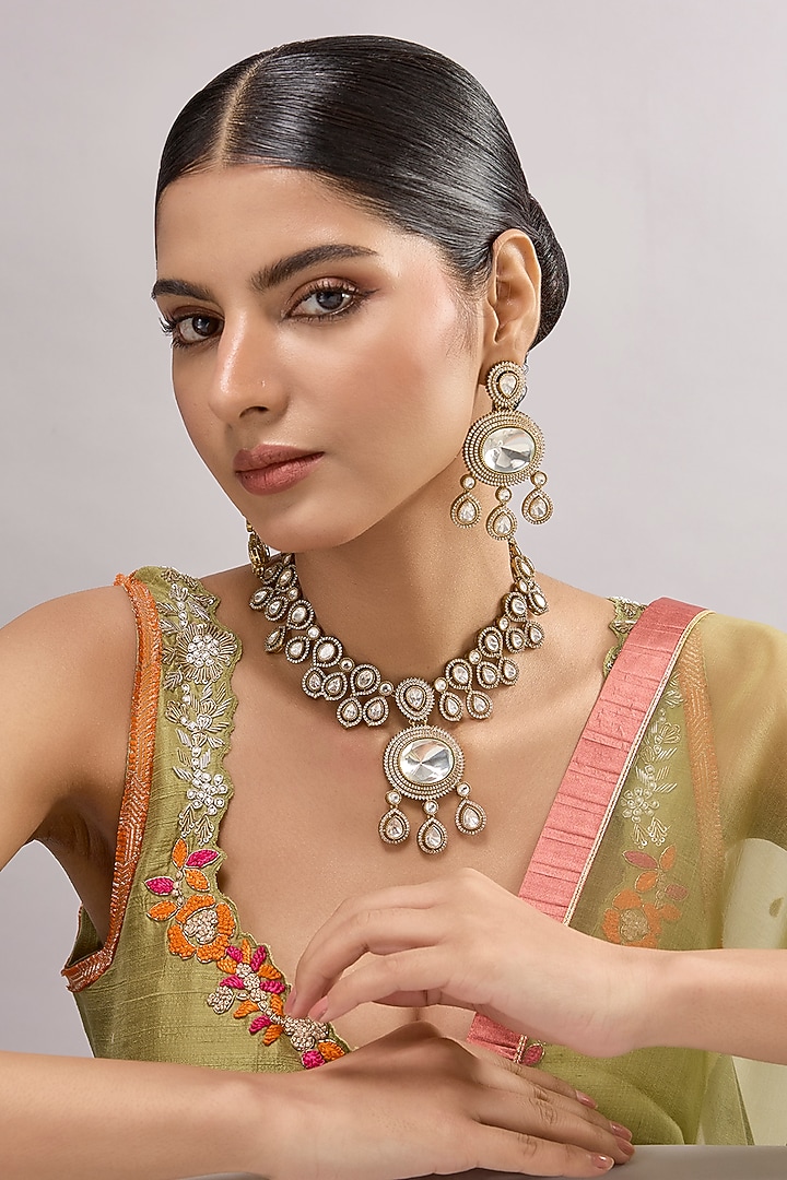 Gold Finish Kundan Polki Necklace Set by Aura Trends at Pernia's Pop Up Shop