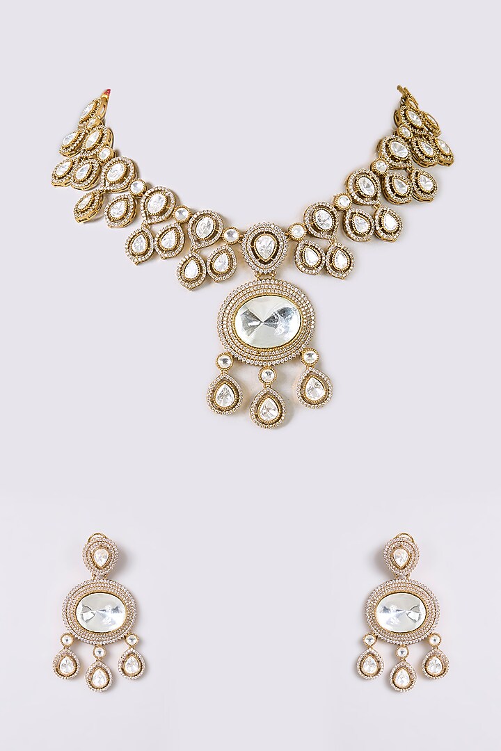 Gold Finish Kundan Polki Necklace Set by Aura Trends at Pernia's Pop Up Shop