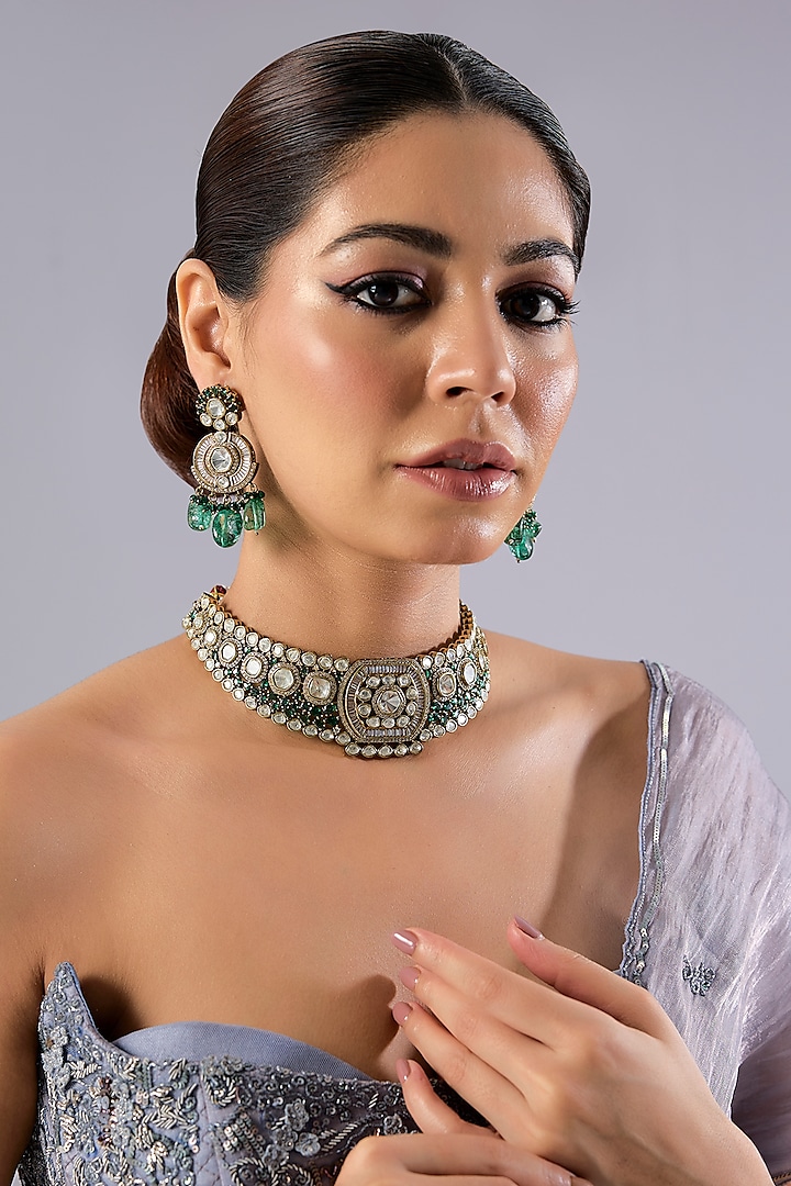 Gold Finish Kundan Polki & Emerald Stone Necklace Set by Auraa Trends at Pernia's Pop Up Shop