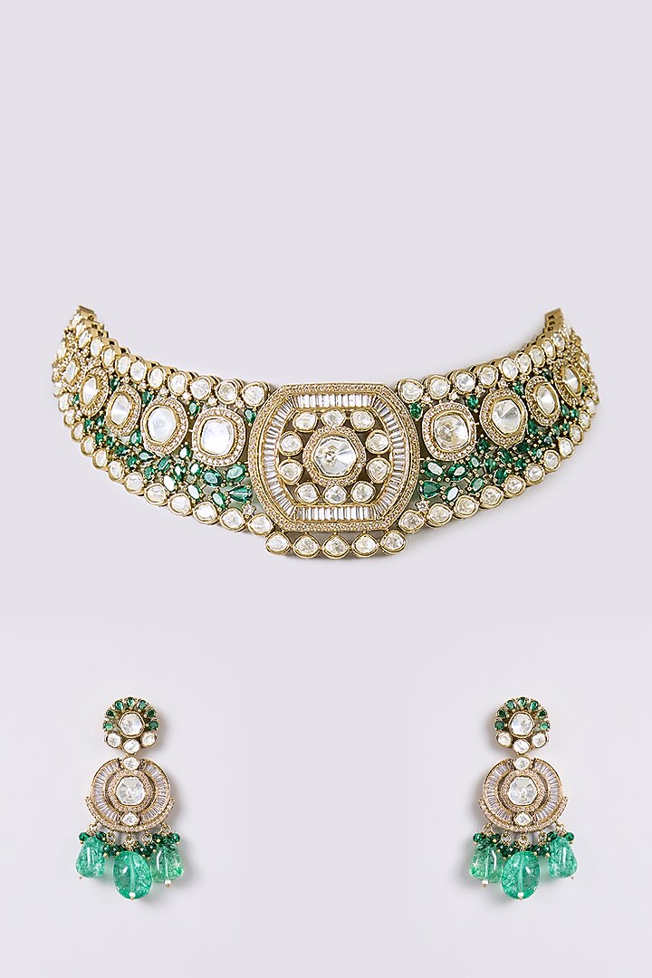 Gold Finish Kundan Polki & Emerald Stone Necklace Set by Aura Trends at Pernia's Pop Up Shop