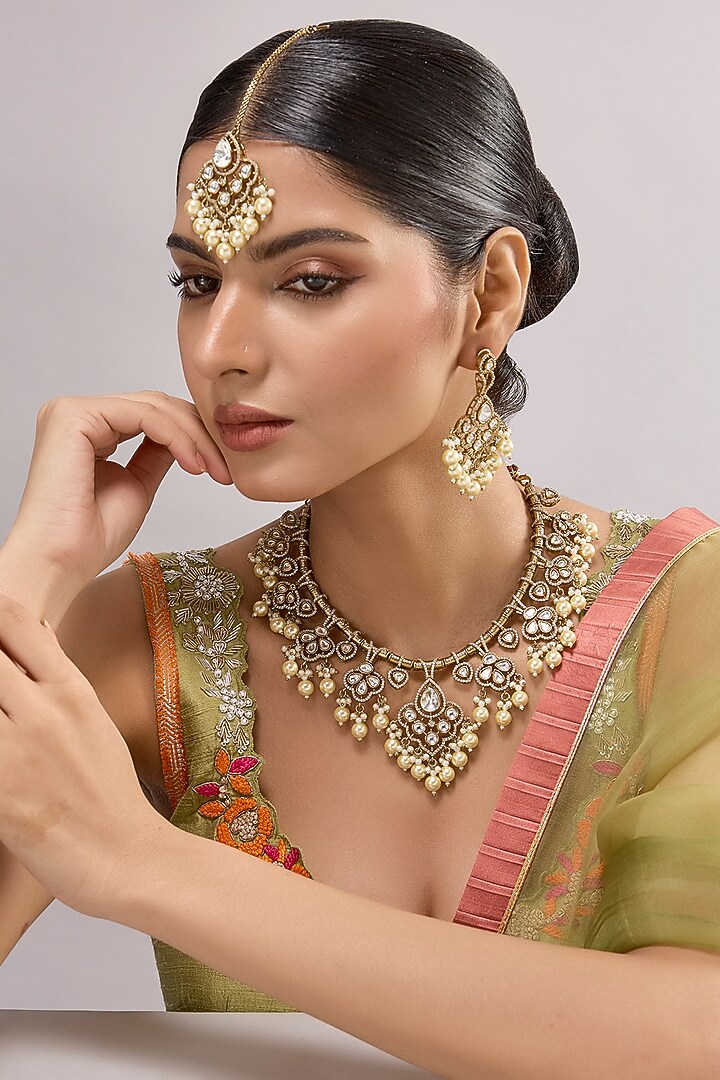 Gold Finish Kundan Polki Necklace Set by Aura Trends at Pernia's Pop Up Shop