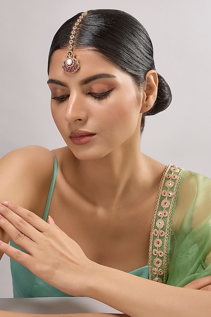 Two-Tone Finish Gold & Red Stone Maangtikka by Auraa Trends at Pernia's Pop Up Shop