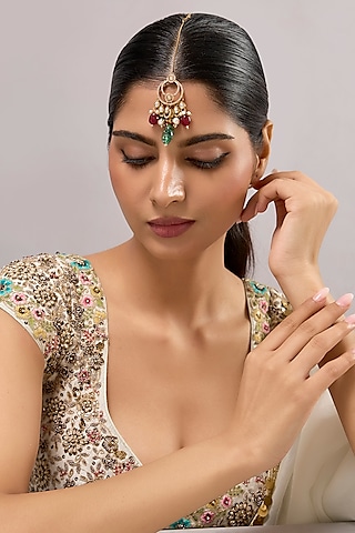Gold Finish Kundan Polki & Red Stone Maangtikka by Aura Trends