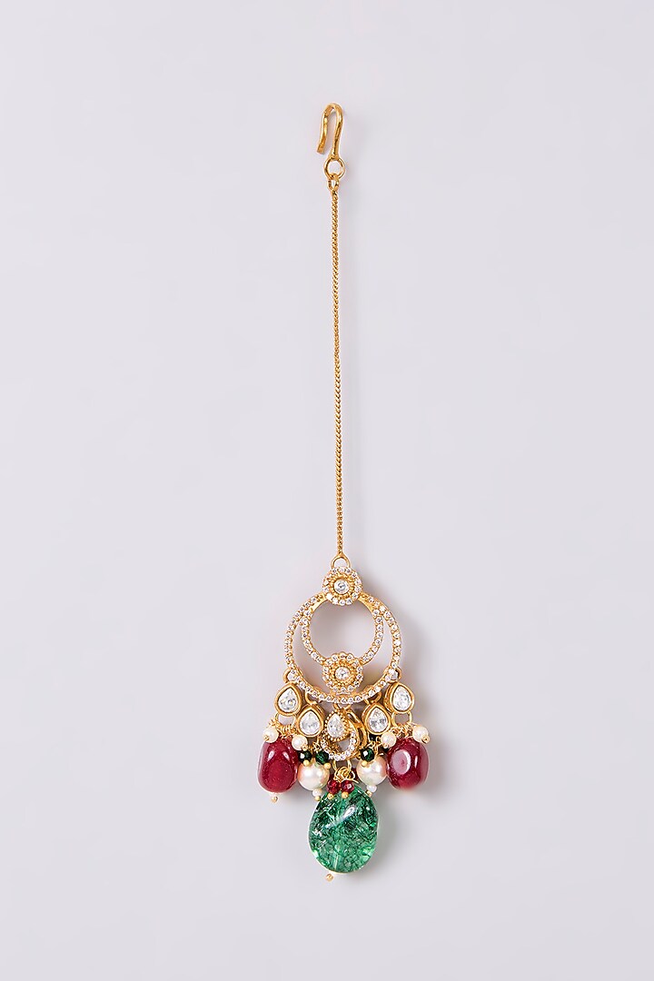 Gold Finish Kundan Polki & Red Stone Maangtikka by Aura Trends at Pernia's Pop Up Shop