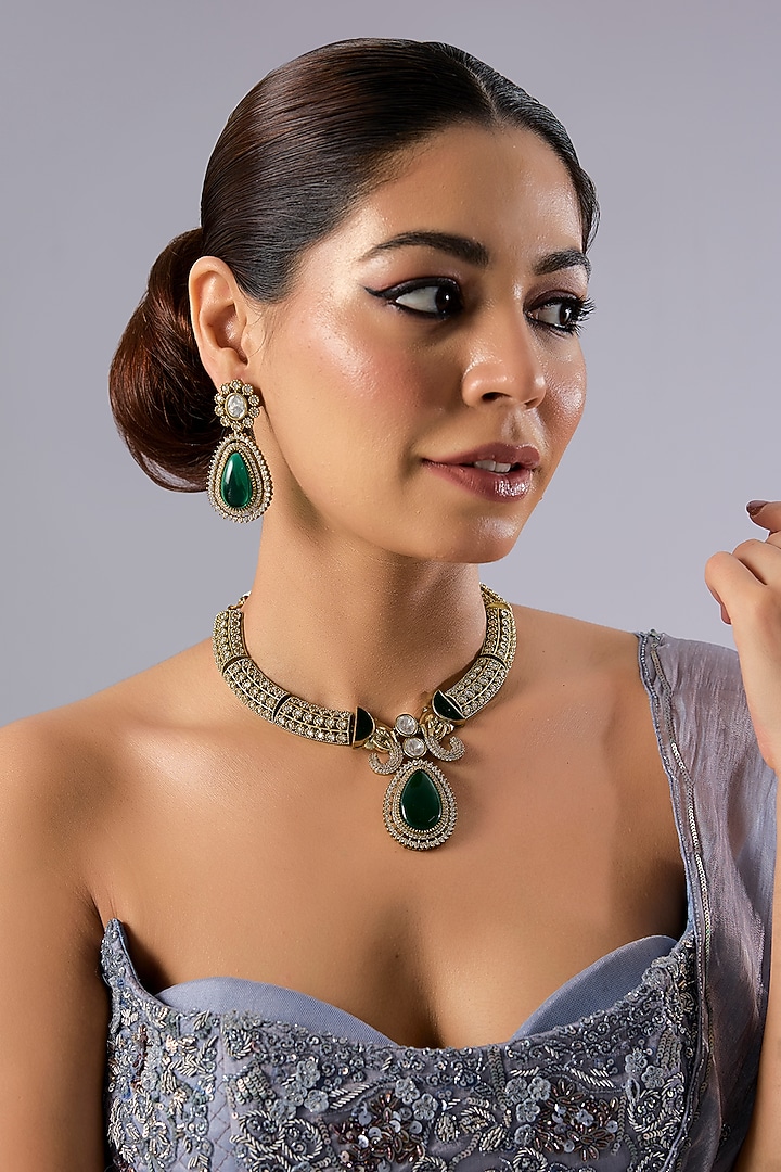 Two-Tone Finish Kundan Polki & Green Stone Necklace Set by Auraa Trends at Pernia's Pop Up Shop