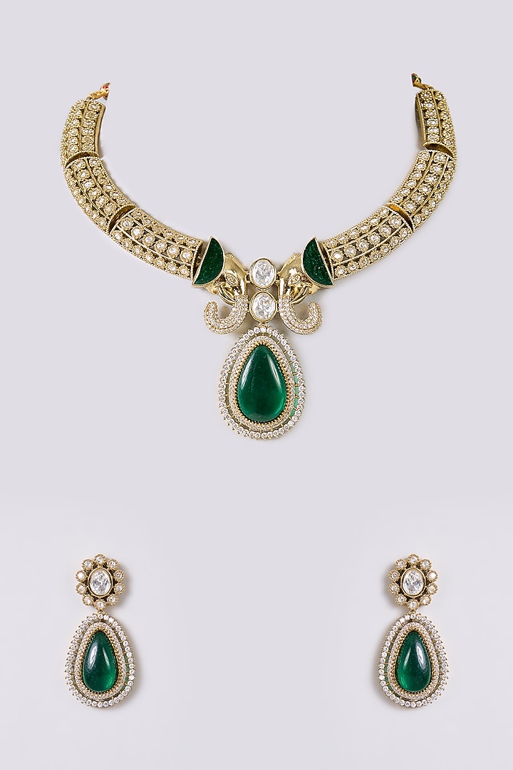 Two-Tone Finish Kundan Polki & Green Stone Necklace Set by Aura Trends at Pernia's Pop Up Shop