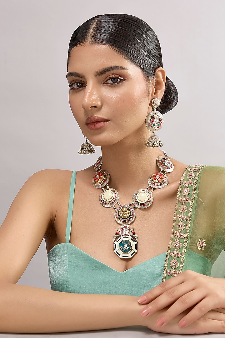 Gold Finish Kundan Polki & Multi-Colored Stone Necklace Set by Aura Trends at Pernia's Pop Up Shop