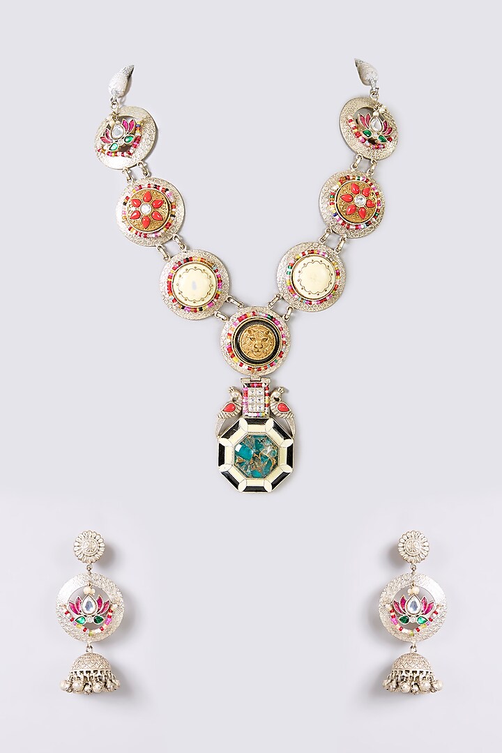 Gold Finish Kundan Polki & Multi-Colored Stone Necklace Set by Aura Trends at Pernia's Pop Up Shop