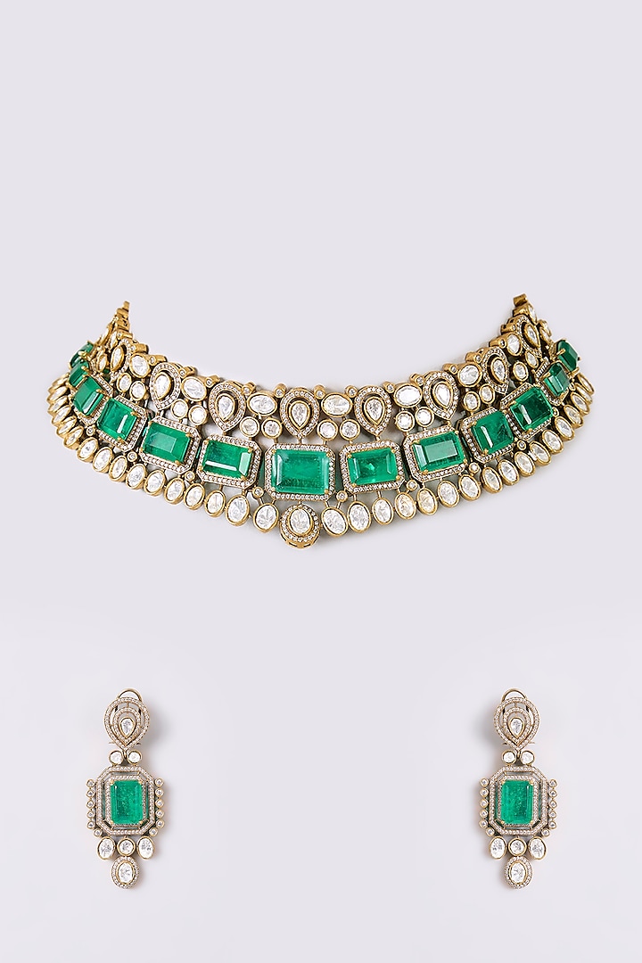 Gold Finish Kundan Polki & Green Onyx Necklace Set by Aura Trends at Pernia's Pop Up Shop