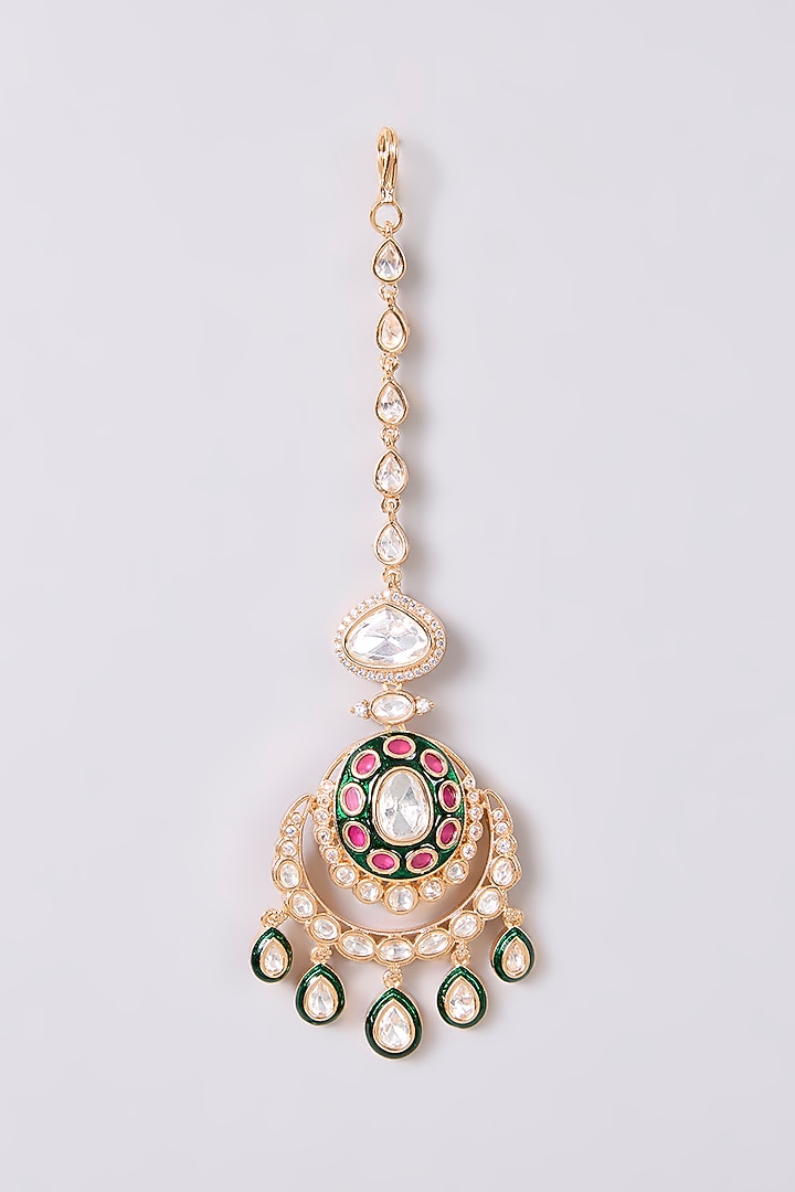 Gold Finish Kundan Polki & Red Stone Maangtikka by Aura Trends at Pernia's Pop Up Shop