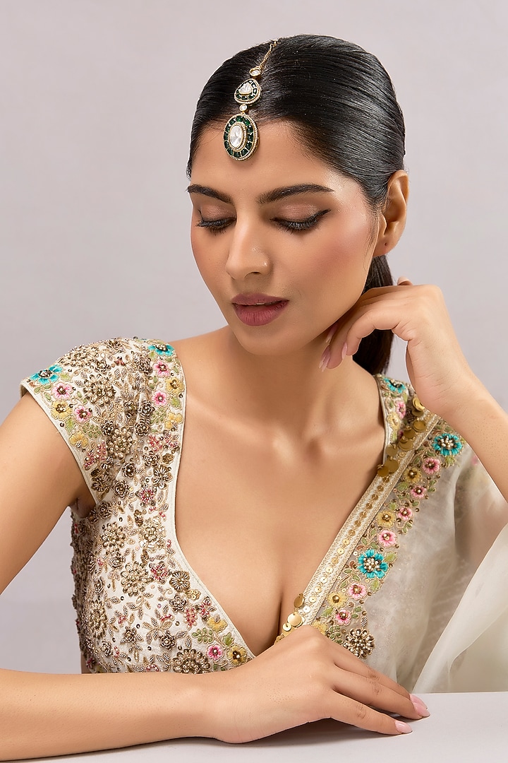 Gold Finish Kundan Polki & Green Stone Maangtikka by Auraa Trends at Pernia's Pop Up Shop