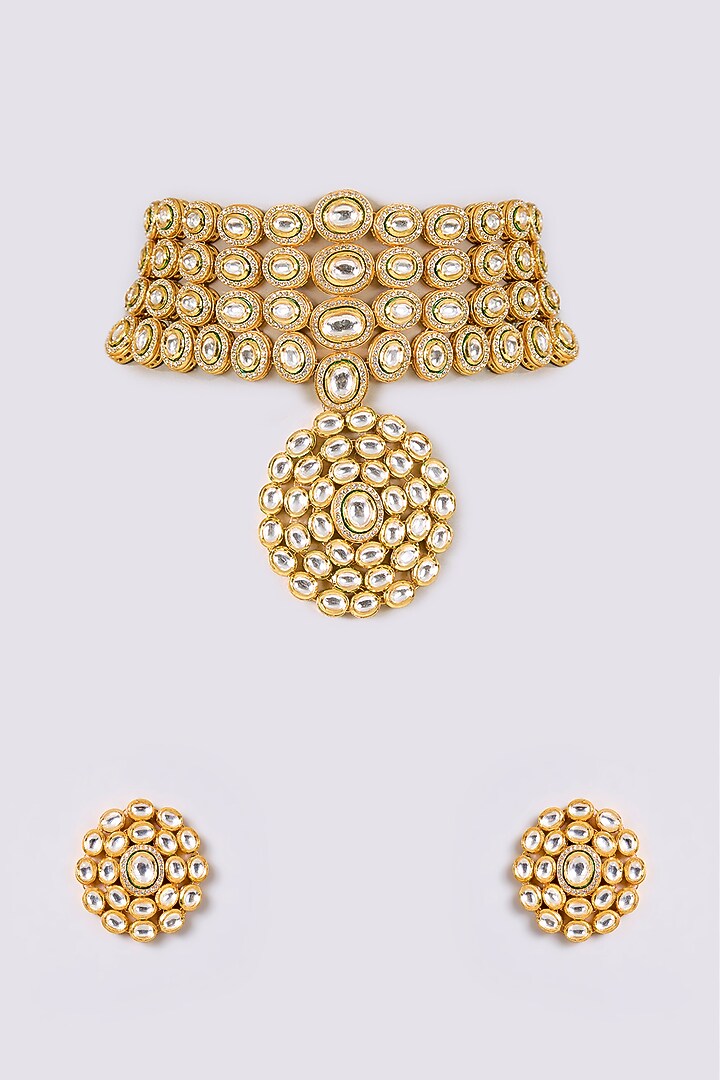 Gold Finish Kundan Polki Necklace Set by Aura Trends at Pernia's Pop Up Shop