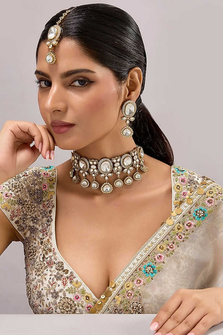 Gold Finish Kundan Polki Necklace Set by Aura Trends at Pernia's Pop Up Shop