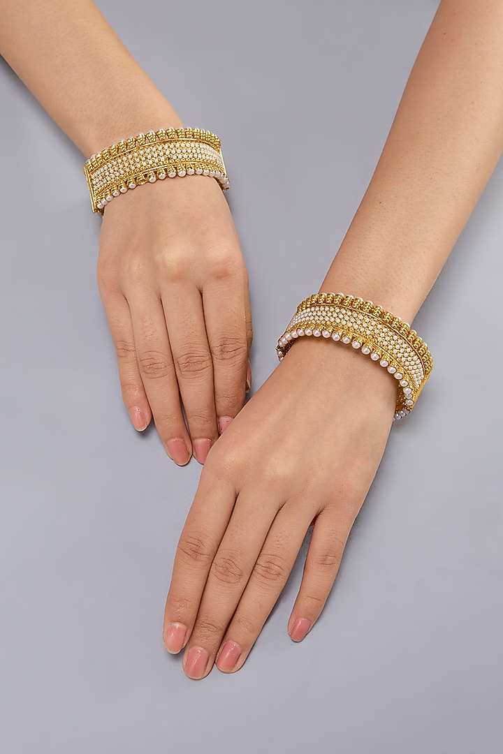Gold Finish Kundan Polki Bangles (Set of 2) by Auraa Trends at Pernia's Pop Up Shop