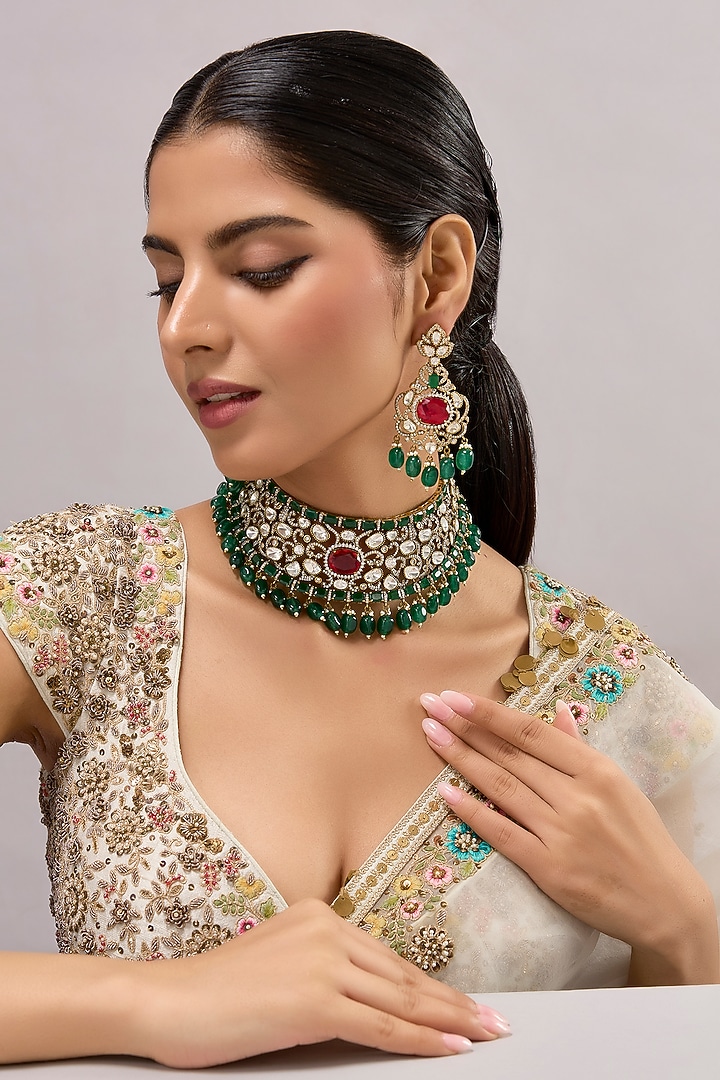 Gold Finish Kundan Polki & Multi-Colored Necklace Set by Aura Trends at Pernia's Pop Up Shop