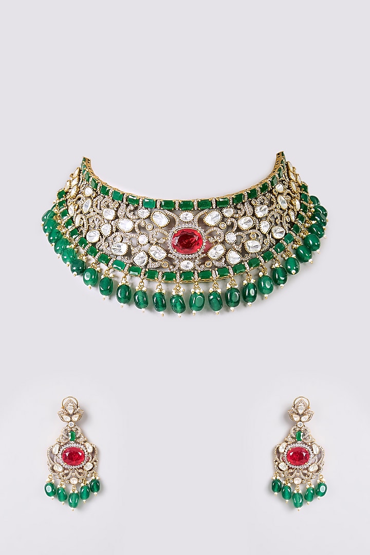Gold Finish Kundan Polki & Multi-Colored Necklace Set by Aura Trends at Pernia's Pop Up Shop