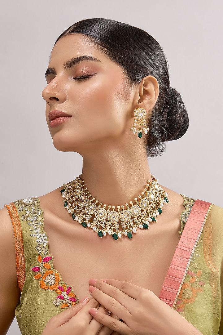 Gold Finish Kundan Polki & Multi-Colored Necklace Set by Aura Trends at Pernia's Pop Up Shop