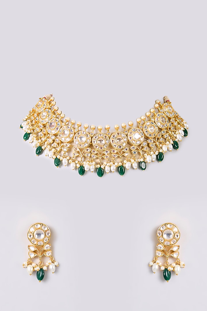 Gold Finish Kundan Polki & Multi-Colored Necklace Set by Aura Trends at Pernia's Pop Up Shop