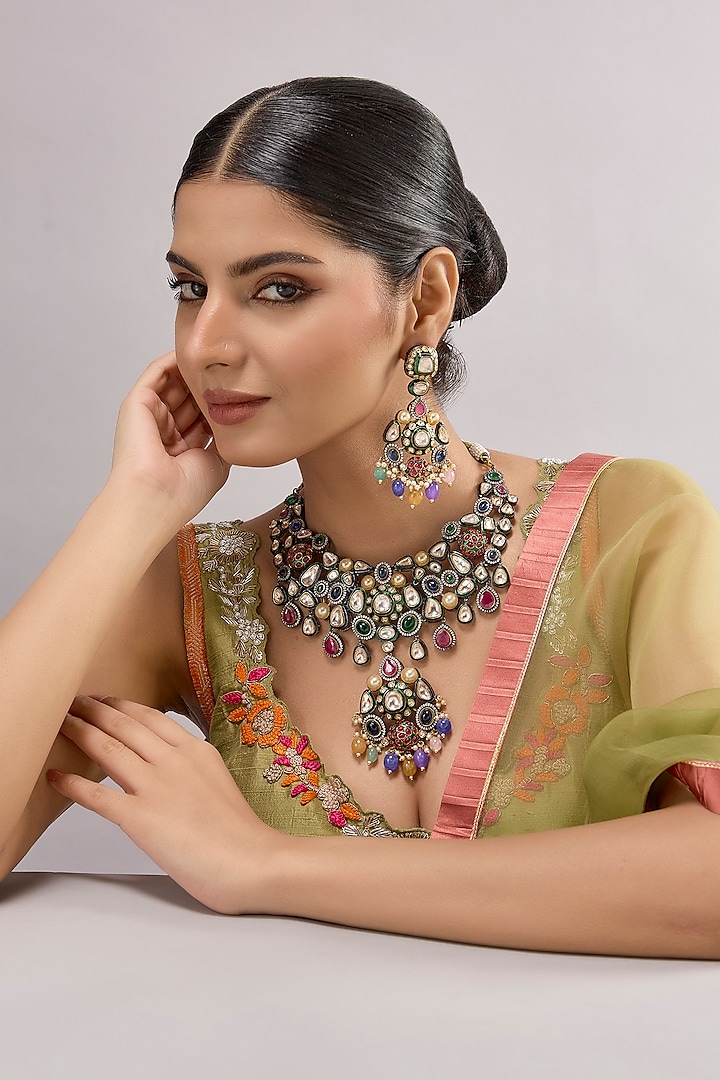 Gold Finish Kundan Polki & Multi-Colored Necklace Set by Aura Trends at Pernia's Pop Up Shop