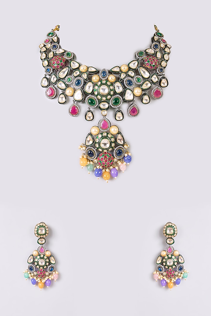 Gold Finish Kundan Polki & Multi-Colored Necklace Set by Aura Trends at Pernia's Pop Up Shop
