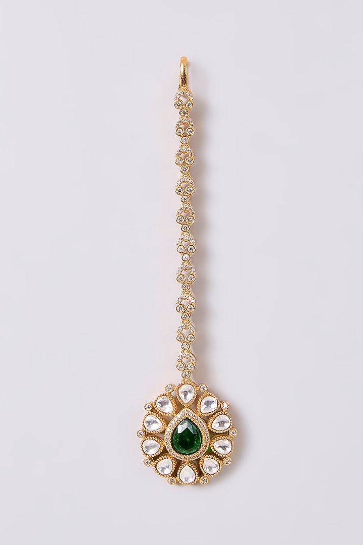 Gold Finish Kundan Polki & Green Stone Maangtikka by Aura Trends at Pernia's Pop Up Shop