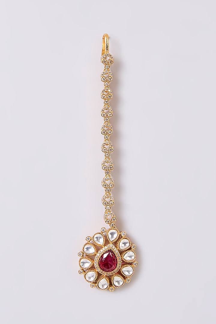 Gold Finish Kundan Polki & Red Stone Maangtikka by Aura Trends at Pernia's Pop Up Shop