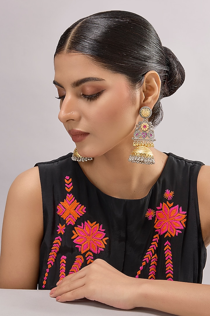 Two-Tone Finish Multi-Colored Stone Chandbali Earrings by Aura Trends at Pernia's Pop Up Shop