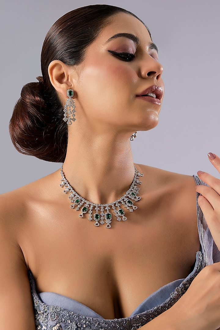 Gold Finish Zircon & Green Stone Necklace Set by Aura Trends at Pernia's Pop Up Shop