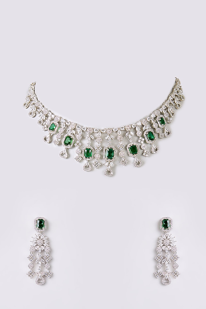 Gold Finish Zircon & Green Stone Necklace Set by Aura Trends at Pernia's Pop Up Shop