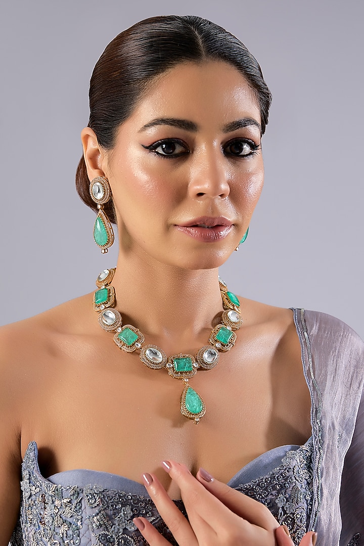 Gold Finish Kundan Polki & Green Stone Necklace Set by Aura Trends at Pernia's Pop Up Shop
