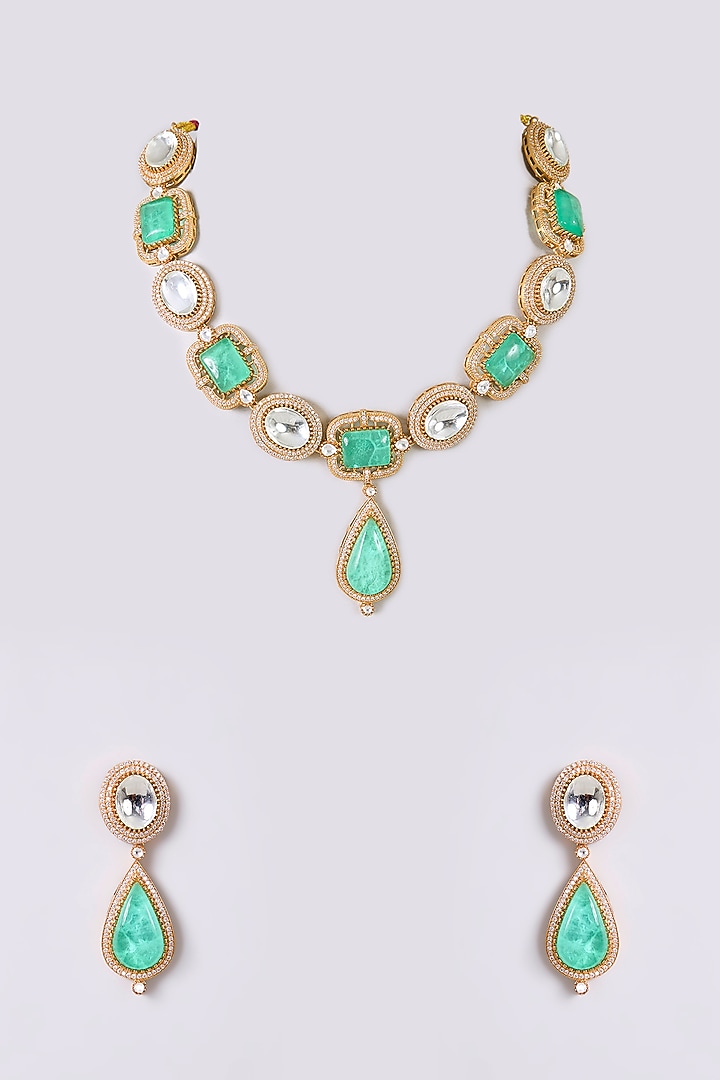 Gold Finish Kundan Polki & Green Stone Necklace Set by Aura Trends at Pernia's Pop Up Shop