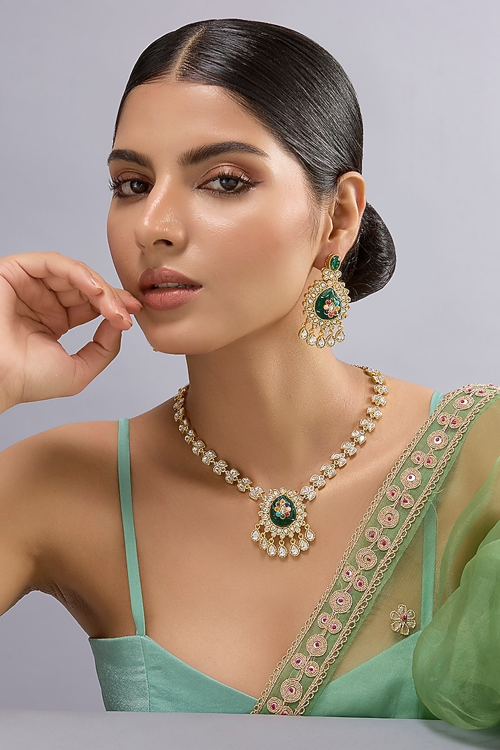 Gold Finish Kundan Polki & Green Stone Necklace Set by Aura Trends at Pernia's Pop Up Shop
