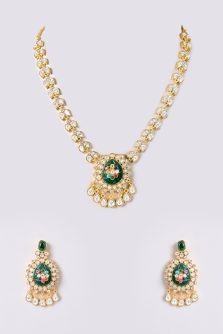 Gold Finish Kundan Polki & Green Stone Necklace Set by Aura Trends at Pernia's Pop Up Shop