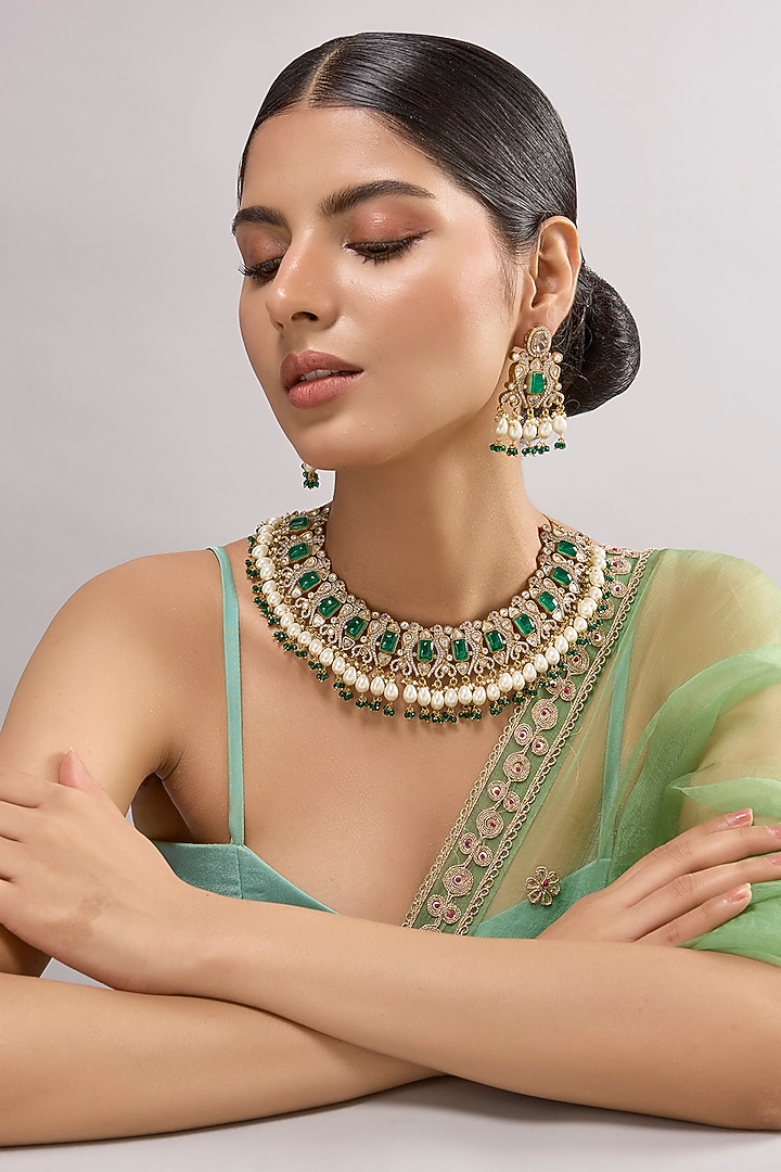 Gold Finish Kundan Polki & Green Stone Necklace Set by Aura Trends at Pernia's Pop Up Shop