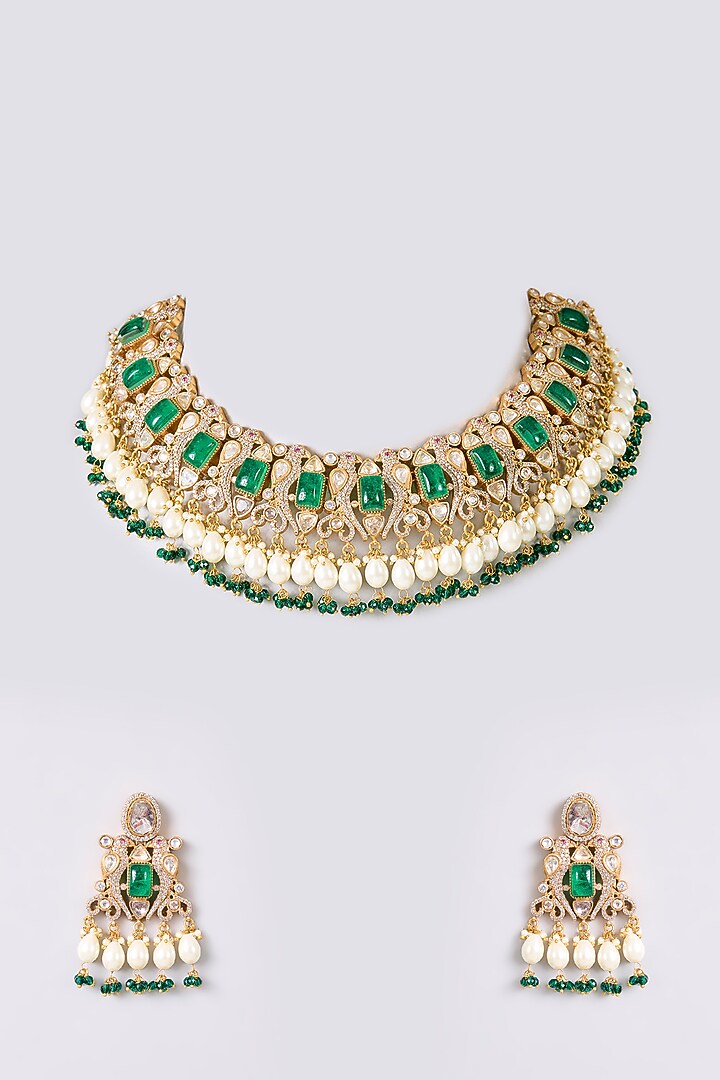 Gold Finish Kundan Polki & Green Stone Necklace Set by Aura Trends at Pernia's Pop Up Shop