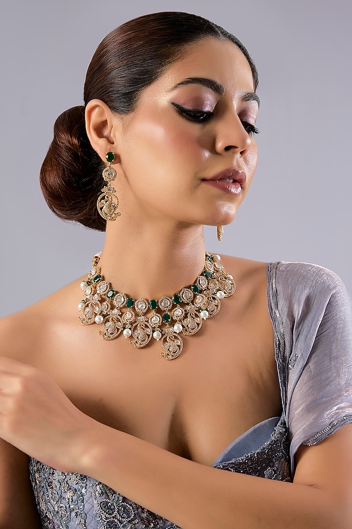 Gold Finish Kundan Polki & Green Stone Necklace Set by Aura Trends at Pernia's Pop Up Shop